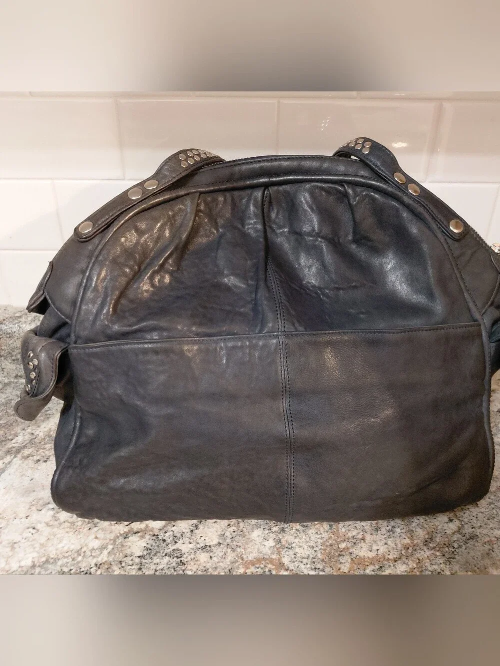 Junior Drake Charcoal Silver Studded Distressed Leather Large Hobo Bag Purse